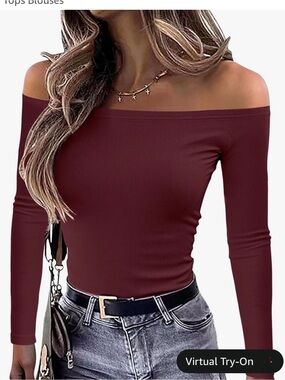 Off-the-Shoulder Long Sleeve Top in Burgundy by
